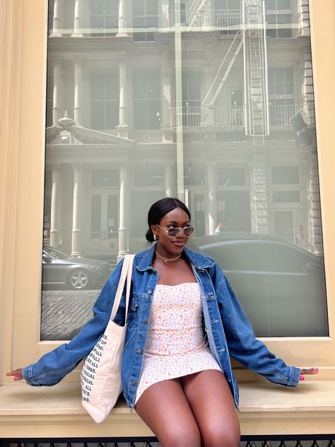 Summer outfit, outfit inspo, summer looks, summer fashion, summer dress, spring outfit, sneakers outfit, denim jacket, floral dress, mini dress, casual outfit, nyc style, oversized jacket, tote bag Follow my shop @nkmedani on the @shop.LTK app to shop this post and get my exclusive app-only content! #liketkit #LTKunder100 #LTKfit #LTKsalealert @shop.ltk https://liketk.it/49QWF Summer Dress Jean Jacket, Oversized Denim Jacket With Dress, Jacket Floral Dress, European Trips, Outfit Denim Jacket, Jacket Over Dress, Midi Dress With Sneakers, Floral Dress Mini, Trendy Outfit Inspo