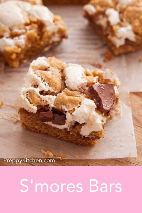 S’mores Bars are a sweet and playful dessert with a homemade graham cracker crust, fluffy marshmallows, and pieces of melted chocolate bars. The layers bake together for a warm and gooey treat that’s reminiscent of a campfire favorite. Great for a group without the hassle of building a fire! Smores Bars, Fluffy Marshmallows, S Mores Bars, Homemade Graham Cracker Crust, Homemade Graham Crackers, Krispie Treats Recipe, Preppy Kitchen, Cracker Crust, S'mores Bar