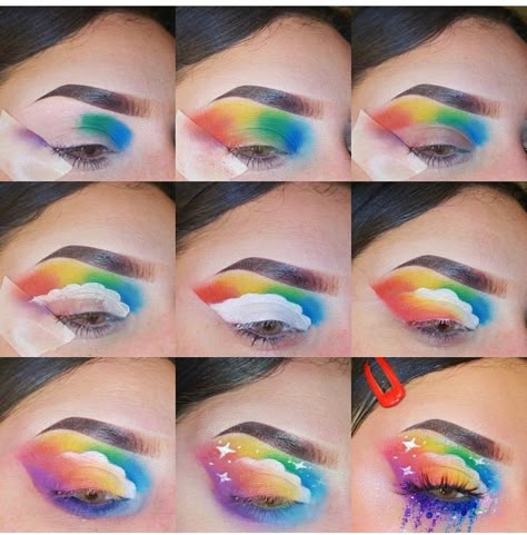 Cute Rainbow Makeup Looks, Eyeshadow Art Creative, Rainbow Eyeshadow Looks Step By Step, Rainbow Eyeshadow Tutorial, Rainbow Face Makeup, Rainbow Makeup Looks Pride, Rainbow Eyeshadow Looks, Eyeshadow Pictorial, Rainbow Makeup Looks