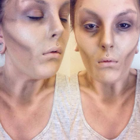 Emaciation sfx makeup Dead Body Makeup, Hollow Face Makeup, Sfx Makeup Wounds, Zombie Makeup Realistic, Cool Zombie Makeup, Zombie Makeup Scary, Zombie Special Fx Makeup, Sfx Zombie Makeup, Asylum Makeup