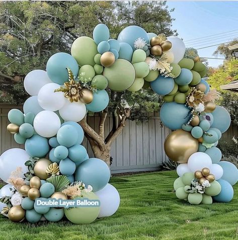 BLUE GREEN WHITE GOLD BALLOON ARCH:Package include double stuffed dusty blue/retro fog blue  balloonsballoons(10inx15,12inx12,18'inx2),double stuffed dusty green/mist green balloons(5inx15,12inx10,18'inx2),10pcs 10inch olive green balloons,10pcs 12inch double stuffed matte white balloons,15pcs 5inch matte white/cream white balloons,10pcs 10inch metallic gold balloons,A 16ft balloon strip tape,1roll 100pcs glue point. A 33ft white curling ribbon. These dusty blue green gold balloon garland decora White Gold Balloon Arch, Gray Party Decorations, Cream Balloons, Green Balloon Garland, Diy Graduation Decorations, Teal Balloons, 21 Balloons, Baby Shower Balloon Arch, 30 Balloons