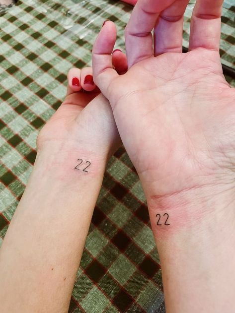 small wrist matching tattoo 22 Tattoo, Tattoo Wrist, Fine Line Tattoo, Line Tattoo, Matching Tattoo, Fine Line Tattoos, Matching Tattoos, Line Tattoos, Fine Line