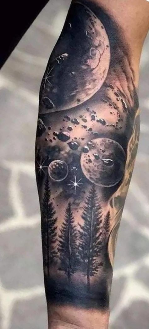 Space Sky Tattoo, Space Tattoos Chest, Space Tattoos Realism, Space Shoulder Tattoo Men, Star And Galaxy Tattoo, Moon And Galaxy Tattoo, Men’s Space Tattoo, Space Nature Tattoo, Deep Space Tattoo