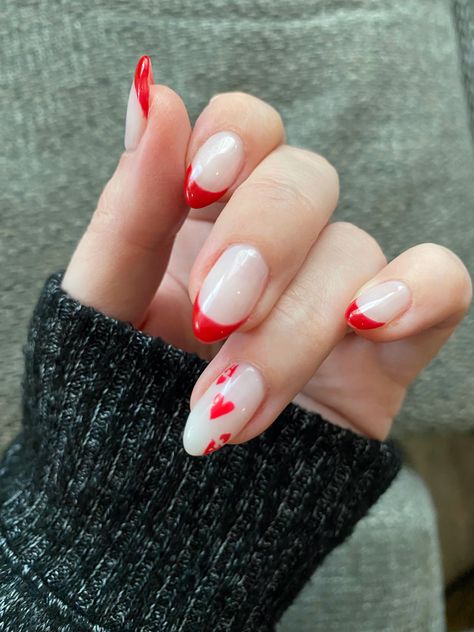 Almond Nail Designs Valentines, Short Valentines Nails Almond, Ace Heart Nails, Halloween Queen Of Hearts Nails, Ace Nails Acrylic, One Year Anniversary Nails, Cute Red Nail Ideas Almond, Heart Card Nails, Queen Of Hearts Nail Ideas