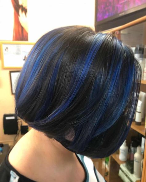 Black Hair With Blue Highlights, Black Blue Hair, Blue Hair Ideas, Short Blue Hair, Royal Blue Hair, Blue Hair Highlights, Short Hair Blue, Short Hair Highlights, Blue Black Hair