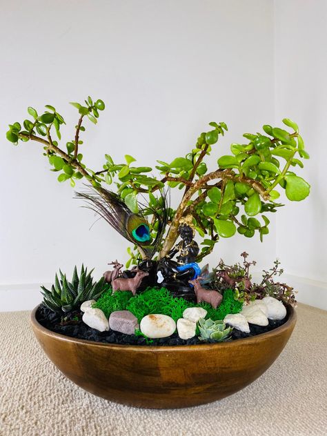 Urli Bowl Decor, Dish Garden Ideas Diy, Jade Plant Decor Ideas, Thulasi Plant Decoration, Buddha Home Decor, Fairy Garden Pots, Janmashtami Decoration, Succulent Garden Design, Fairy Garden Designs