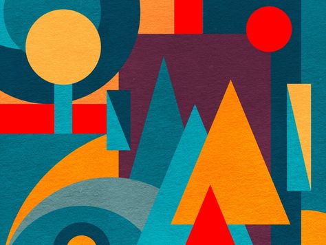 Abstract Landscape in Geometric Patterns by Jen Du Geometric Shapes Art, Tableau Pop Art, Geometric Design Art, Abstract Geometric Art, Pop Art Painting, Graphic Design Pattern, Shape Art, Abstract Drawings, Simple Art