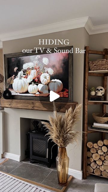 Frame Tv Over Fireplace Living Rooms, Hide Sound Bar On Mantle, Sound Bar On Mantle, How To Hide Sound Bar On Mantle, Tv With Fireplace Underneath, Tv Above Mantle, Fireplace Mantle Decor With Tv, Mantle Makeover, Tv Above Fireplace