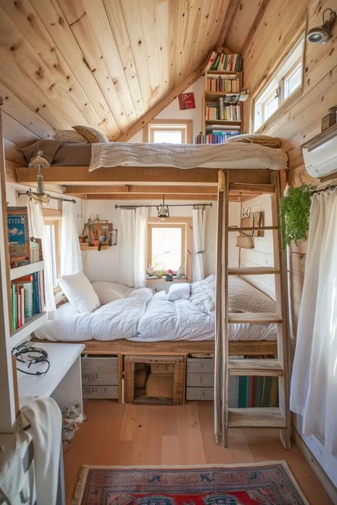 House Loft Ideas, Frame Playhouse, Camp Plans, Bedroom Loft Ideas, Tiny House Bedroom Ideas, Tiny House Bed, Tiny Cottages, Bungalow Ideas, Downstairs Bedroom