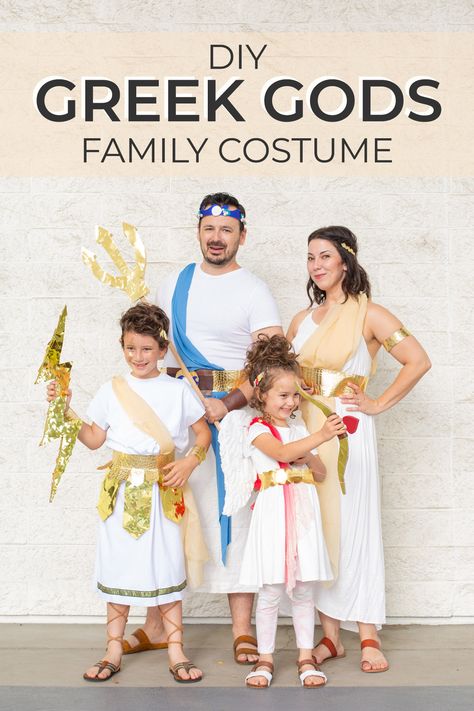 One of my favorite family costumes to date was Greek gods! Create this DIY Zeus costume for Halloween for kids or adults. It's easy to make and easy to wear. This tutorial also features an easy Poseidon costume, Athena costume, and Cupid costume! Ancient Rome Costume Diy, Diy Julius Caesar Costume, Greek Costume Diy Men, Greek Dress Up, Greek God Family Costume, Greek Mythology Family Costumes, Greek Gods Family Costumes, Diy Hermes Costume, Apollo Costume Greek