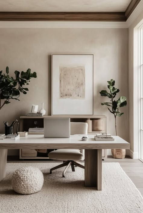 Transform your home office with the minimalist and cozy Japandi style, blending Japanese and Scandinavian design principles for a calming work space. #scandinavian #bathroom Office Wabi Sabi Style, Scandinavian Style Office, Japandi Home Office Design, Home Office Scandinavian Style, Woman Office Ideas, Office Japandi, Japandi Studio, Japandi Office Design, Minimal Office Design