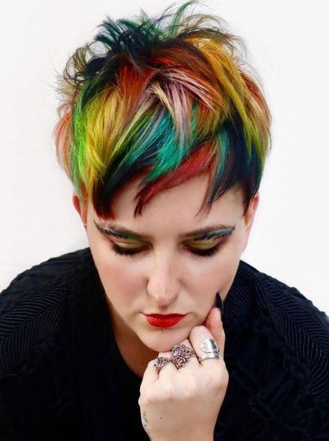 Funky Colored Pixie Cut Short Hair Styles And Color Ideas, Pixie Fashion Color Hair, Colorful Pixie Haircut, Pixie Hairstyles With Color, Hair Color Crazy Short Funky Hairstyles, Fashion Color Pixie Hair, Fashion Color Short Hair, Short Hair Fashion Color, Christmas Hair Color Ideas For Short Hair