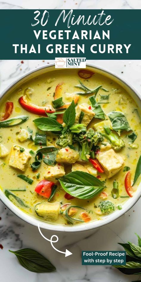 Discover the ease and flavor of Thai cuisine with our Thai Green Curry recipe. It's a vegan and vegetarian delight, featuring tofu and homemade curry paste in a creamy green coconut curry. Ready in just 30 minutes, this simple yet satisfying dish is the perfect choice for an easy dinner. Dive into the world of green curry recipes and enjoy a meal that's as wholesome as it is delicious. Thai Green Tofu Curry, Thai Curry Tofu Recipes, Thai Green Curry Vegetables, Vegan Thai Bowl, Green Curry Vegetables, Vegan Green Thai Curry Recipes, Vegetarian Thai Curry Recipes, Thai Coconut Curry Vegan, Healthy Thai Curry Recipes