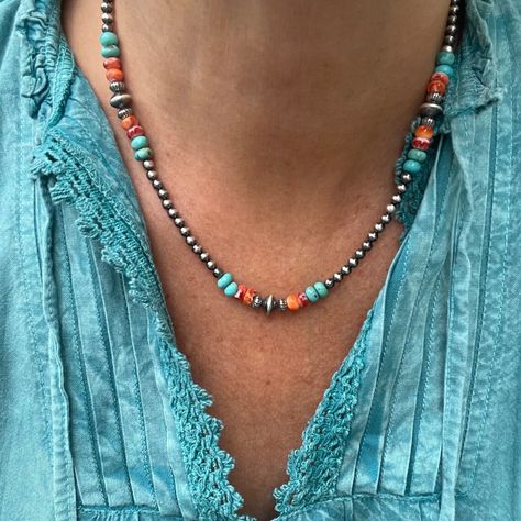 This southwestern inspired design is a carefully crafted blend of materials and all natural colors that will add personality to your casual or formal dress. Navajo Beaded Necklace, Southwest Necklace, Navajo Pearls Necklace, Turquoise Jewelry Necklace, Authentic Turquoise Jewelry, Cowgirl Necklaces, Sundance Jewelry, Kingman Arizona, Native American Necklace