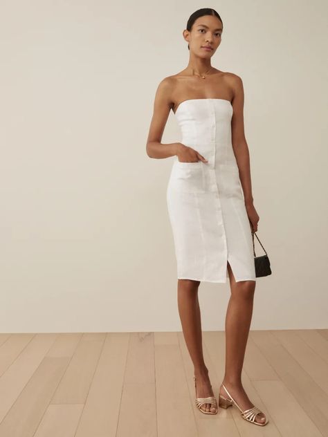 White Tube Dress, Bodycon Short Dress, Reformation Clothing, Derby Outfits, Short Bodycon Dress, White Linen Dresses, Linen Mini Dress, Summer 22, Reformation Dress