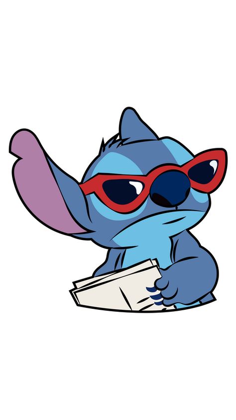 What do you think - what is this blue little koala-like alien doing in our fanart Stitch in Sunglasses Sticker? Look closely, and you can notice a newspaper and sunglasses - Stitch is a spy! We don't... Stitch White Background, Stitch With Sunglasses, Cute Stitch Drawings, Stitch With Glasses, Drawing Ideas Stitch, Stitch Sunglasses, Stitch Disney Cute, Blue Cartoon Characters, Cartoon Stickers Aesthetic