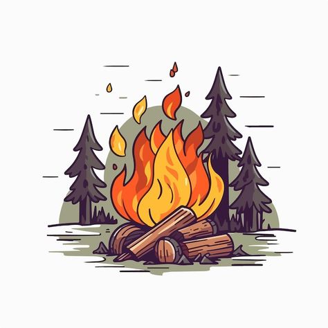 Camp Fire Drawing Reference, Fire Graphic Design Illustration, Campfire Illustration Art, Fire Pit Painting, How To Draw A Campfire, Campfire Drawing Simple, Camping Drawing Illustrations, Camping Illustration Art, Cartoon Campfire