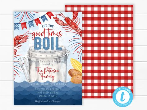 Boil Shrimp, Seafood Boil Party, Crawfish Boil Party, Independence Day Party, Watercolor Wave, Crawfish Boil, Buffalo Plaid Pattern, Seafood Boil, 4th Of July Party