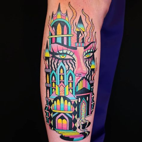 50 Trippy Tattoos That Are Out Of This World | 50 Trippy Tattoos Check Out These Very Fun Trippy Tattoos. Lifestyle Mushroom Trip Tattoo, Europe Tattoos, Witchy Sleeve, Trippy Tattoo, Neon Tattoo, Fun Tattoo, Castle Tattoo, Bright Tattoos, Optical Illusion Tattoo