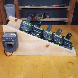 Battery Slide (Cordless Tool Battery Holder) : 5 Steps (with Pictures) - Instructables Ryobi Cordless Tools, Battery Charging Station, Cordless Drill Batteries, Ryobi Battery, Ryobi Tools, Power Tool Storage, Drill Holder, Tool Storage Diy, Battery Tools