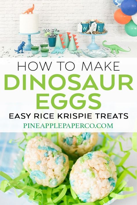 Dinosaur Party Food Ideas, Rice Krispie Treats Birthday, Egg Rice Krispie Treats, Dino Party Food, Dinosaur Snacks, Dinosaur Birthday Party Food, Dinosaur Party Food, Dinosaur Birthday Theme, Egg Rice