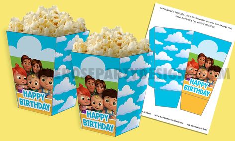 Free Cocomelon Popcorn Boxes - ellierosepartydesigns.com Cocomelon Edible Image, Cocomelon Party Favor Boxes, Cocomelon Chip Bag Template, Cocomelon Water Bottle Labels, Coco Melon Chip Bags, Popcorn Box Printable, Popcorn Box Template, Popcorn Box, Candy Boxes