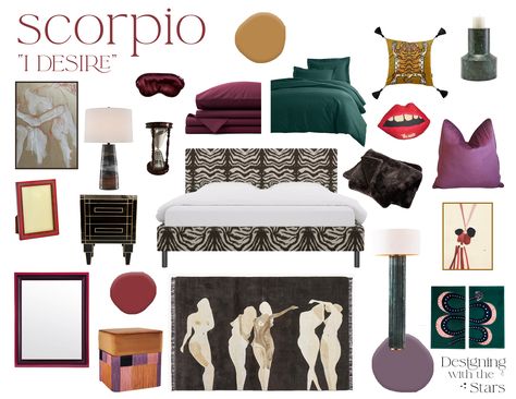 A sultry Scorpio bedroom design by Designing With the Stars, using sun sign characteristics. Scorpio Home Decor, Scorpio Interior Design, Scorpio Bedroom Aesthetic, Sagittarius Bedroom, Scorpio Bedroom, Sultry Bedroom, Pisces Astrology, Esthetician Room Decor, Aesthetic Interior Design