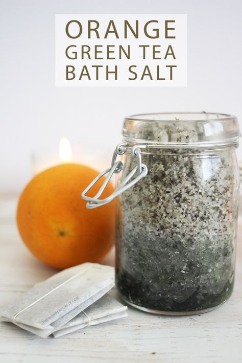 Refreshing Orange Green Tea Bath Salt Recipe - Wonder Forest Bath Salt Recipe, Green Tea Bath, Bath Soak Recipe, Tub Tea, Tea Bath, Bath Salts Recipe, Bath Salts Diy, Homemade Beauty Recipes, Green Teas