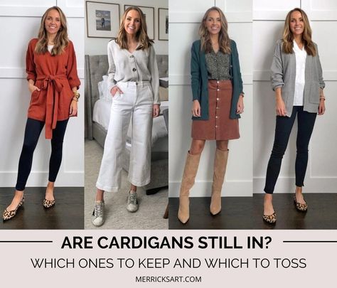 Are Cardigans Still In? Answering Your Questions - Merrick's Art Merricks Art Cardigan, Stylish Cardigans For Women, Work Outfits Cardigan, Outfit Formulas 2023, Cardigan Outfit Women, Short Cardigan Outfit, Cardigan Sweater Outfit, Style A Cardigan, Teaching Wardrobe