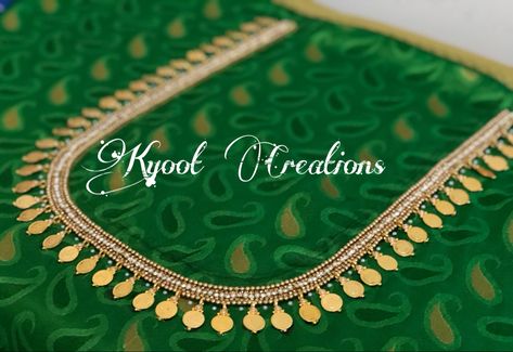 #kyoot_creations #2k20 #Aari #Work  #trend #hand_embroidery #work #passion #threads #stones #hindu #bride #bridal #blouse #handworks #special #beautiful #sleeve #neck Lakshmi Kasu Aari Work Blouse, Lakshmi Coin Aari Work Blouse, Girl Frock, Mirror Work Blouse Design, Aari Design, Cutwork Blouse, Blouses Designs, Knot Tattoo, Hand Work Design