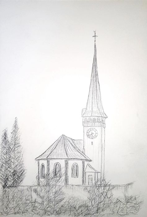 Church Drawing Easy, Church Sketch, Easy Horse Drawing, Church Drawing, Clock Drawings, 3d Pencil Drawings, Hot Air Balloons Art, Pen Art Work, Pencil Drawings For Beginners