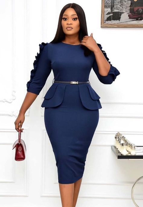 Spring African Blue Round Neck Three Quarter Sleeve Ruffles With Belt Office Dress Burgundy Fashion, Office Skirt, Casual Wear Dress, Women Bodycon Dress, Bodycon Dress With Sleeves, Office Dresses, Vestido Casual, Daily Dress, Yellow Fashion