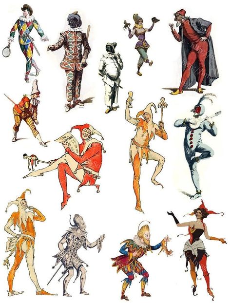 Medieval Jester, Jester Tattoo, Jester Outfit, Medieval Costumes, Jester Costume, Clown Paintings, Pierrot Clown, Dover Publications, Graphics Fairy