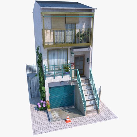 ArtStation - Japanese Narrow House Japanese Apartment Exterior, Japanese House Plan, Japanese Home Exterior, Small Japanese House, Sims 4 House, Narrow House Designs, Asian House, Apartment Exterior, Sims 4 House Plans