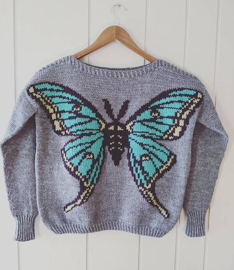 Knit a Spanish Moon Moth Sweater Designed By Alexandria Wenninger #knit #knitting #handmade #diy #spanishmoonmoth Spanish Moon Moth, Swiss Darning, Moth Pattern, Duplicate Stitch, Moth Sweater, Butterfly Sweater, Moon Moth, Diy Textiles, Knit Ideas