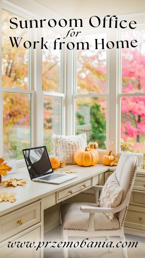 Create a rustic fall-inspired sunroom office at home by incorporating natural light, cozy fall decor, and warm tones. Blend rustic elements with classy room decor to craft a productive and stylish workspace that embraces the autumn season. Ideal for those who love easy fall decor with a rustic touch. #sunroomoffice #fallhomedecor #rusticfalldecor #naturalight #homeofficeideas #cozyhomeoffice #falltrends #decoration #officeinspo #autumnhomedecor Rustic Workspace, Sunroom Office Ideas, Sunroom Colors, Creative Workspace Inspiration, White Sunroom, Sunroom Office, Office With A View, Classy Rooms, Garden Home Office