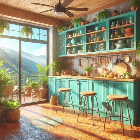 The image depicts a bright, cozy kitchen with turquoise cabinets and open shelves filled with dishes. It features a wooden ceiling with a fan and opens onto a balcony with potted plants, offering a stunning view of green mountains and a clear sky. Turquoise Cafe, Turquoise Kitchen Cabinets, Turquoise Cabinets, Turquoise Kitchen, Wooden Ceiling, Green Mountains, Wooden Ceilings, Cozy Kitchen, Clear Sky