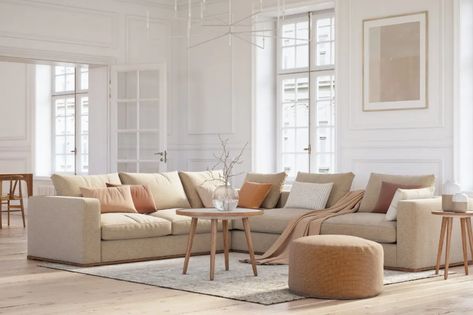 Our Trending Color of the Month: Dover White - MHM Professional Staging Beige Sofa With Cushions, Cushion Ideas For Beige Sofa, Beige Couch With Pillows, Beige Couch White Walls, Beige Couch Styling, Beige Sofa Ideas, Beige Sofa Cushion Ideas, Beige Sofa Decor, Beige Sofa Pillows