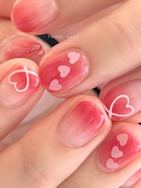 heart confetti accent Nail Art Valentines Day Simple, Valentines Day Nails Designs Short, Valentines Nails Korean, Korean Valentines Nails, Short Valentines Day Nails, Future Nails, Heart Nail Designs, Pink Glitter Nails, February Nails