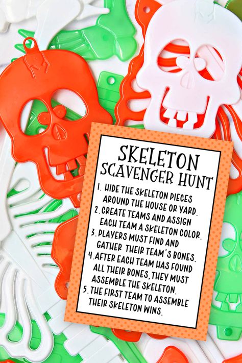 Create and play this easy skeleton scavenger hunt using skeletons from your local dollar store. #halloween #halloweengames Donut Halloween Game, Skeleton Games For Kids, Halloween Activities For Senior Citizens, Youth Group Halloween Party, 2nd Grade Halloween Party Ideas, Halloween Game Prizes, Skeleton Scavenger Hunt, Skeleton Birthday Party, Best Halloween Games