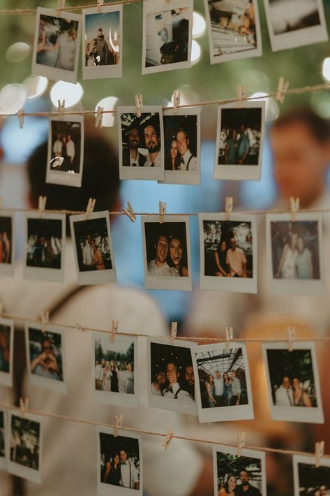 wedding inspiration, wedding polaroids Hanging Picture Display Wedding, Polaroid Pictures For Wedding, Polaroid Wedding Table Numbers, Polaroid Booth Wedding, Polaroids At Wedding, Polaroid Board Wedding, Polaroid Display Wedding, Wedding Poloroid Pictures, Wedding Poloroid Ideas