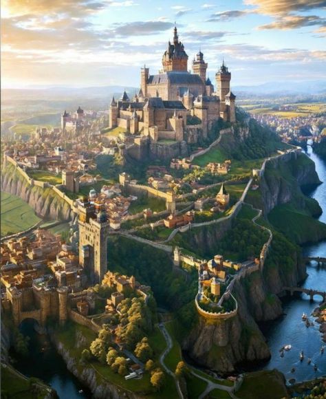 Kingdom Landscape Art, Fantasy Kingdom Landscape, Kingdom Fantasy Castles, Fantasy Castle Concept Art, Fantasy Kingdom Cities, Kingdom Concept Art, City Rpg, Nature Kingdom, Fantasy Castles