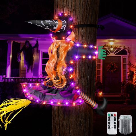 Crashing Witch into Tree Halloween Decorations(42.5 Inch Tall), Large Crashed Witch Sewed with Fairy Light String for Outdoor Porch Garden Patio Pathway Party Halloween Decor (Purple, Orange Light) Outdoor Halloween Witch, Tree Halloween Decorations, Crashing Witch, Strange Decor, Outdoor Witch, Halloween Garden Decorations, Witch Props, Patio Pathway, Halloween Outdoor Decoration