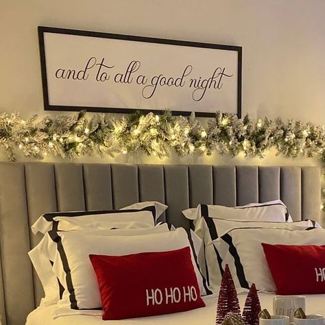 My Christmas on Instagram: "A cozy bedroom decorated for Christmas using Pre Lit Flocked Pine Garland over the bed head and a Lit flocked tree either side of the bed as bedside lamps. The adorable sign made by @festivelivingroom really finishes off the room so perfectly. To see Catherine’s bedroom reveal, you can watch the replay on Facebook. 👇🏼 www.Facebook.com/mychristmas.com.au #mychristmasdesign #christmasbedroom #bedroom #bedroomdecoration #bedroomforchristmas #christmasbedroomdecor #christmasbedroomaesthetic #bedroomaesthetic #monochromebedroom #monochromechristmas #flockedgarland #flockedtree #bedside #garland #garlands #christmasgarland #christmastree #flockedchristmastree #christmastreelights #garlandlights #christmasiscoming #decoratingforchristmas #christmashome #christmasho Grey Bedroom Christmas Decor, Garland On Bed Headboard, Christmas Garland On Bed Headboard, Christmas Bedroom Wall Decor, Garland On Headboard, Garland Above Bed, Bedroom Decorated For Christmas, Christmas Dorm Decorations, Dorm Christmas