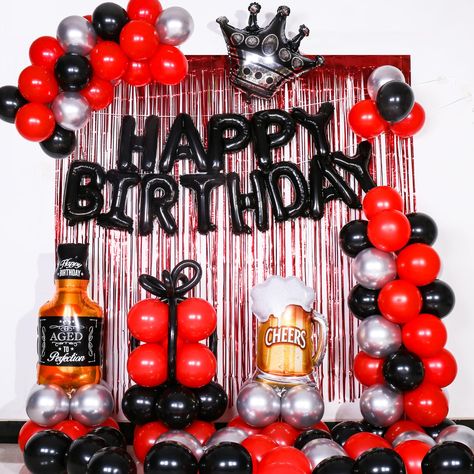 PRICES MAY VARY. ✅【Black and Red Birthday Party Decorations Set】Package Included: "happy birthday" letter balloon, 15× silver balloons (10"), 20× Black balloons (10"), 20× Red balloons (10"), 1× crown balloon (60*60cm), 1× Whisky Bottle Balloon (90*45cm), 1× Wineglass Balloon (65*45cm), 2× red fringe curtains, 4× Black long balloon, balloon chains, dispensing, straws, silk ribbon. ✅【Party Decorations that Leave Good Memories】Create a red black party atmosphere with our birthday party balloon dec Red Theme Birthday Decorations, Red And Black Birthday Party, Black Birthday Party Decorations, Birthday Party Decorations For Men, Mens Birthday Party Decorations, Crown Balloon, Happy Birthday Letter Balloons, Balloon Crown, Black Birthday Party