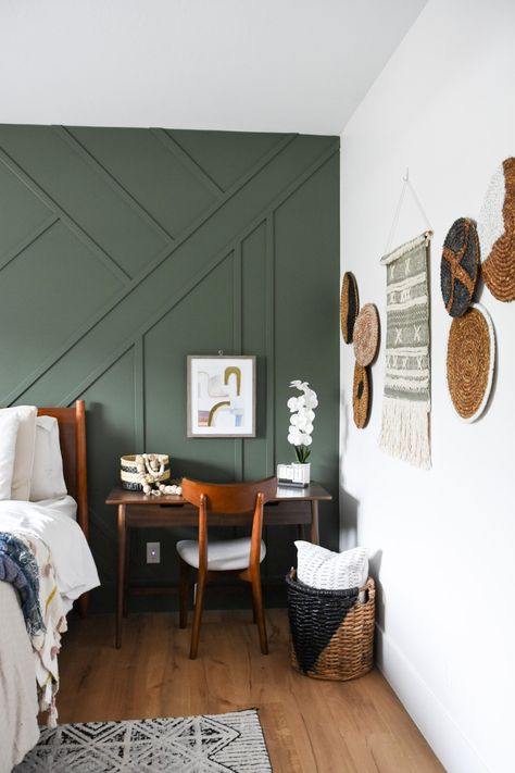 Mid Century Modern Bedroom with a Touch of Boho | Start at Home Decor Painting Idea For Bedroom Walls, Mid Century Modern Bedroom Green Walls, Bedroom Accent Wall Boho, Mid Century Wall Ideas, Olive Green Wood Accent Wall, Mid Century Bedroom Accent Wall, Modern Boho Accent Wall, Mid Century Modern Green Paint, Backwoods Benjamin Moore Bedroom