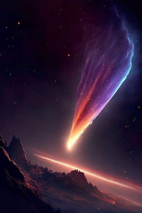 dramatic shot of a comet, with a bright, glowing tail trailing behind it as it travels through space, iphone wallpaper, phone wallpaper Space Reference Photos, Comet Character Design, Comet Aesthetic, Comet Art, Planet Painting, Cool Optical Illusions, Space Photography, Planets Wallpaper, About Space