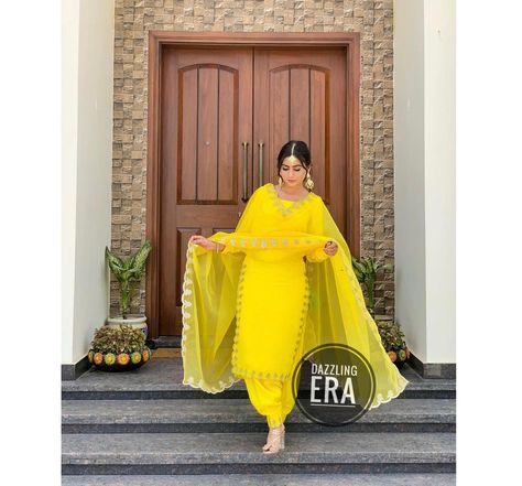 Yellow Colour Suits Design, Punjabi Suit Poses Women, Yellow Suits Punjabi, Haldi Suit Design, Yellow Salwar Kameez, Yellow Salwar Suit, Punjabi Patiala Suit, Yellow Salwar, Suit For Woman