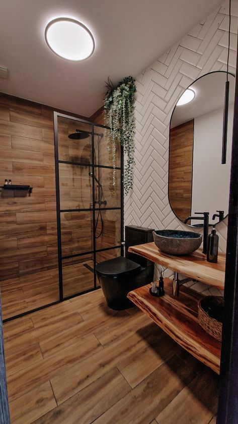 Wood Tile Bathroom, Small Bathroom Ideas Modern, Bathroom Design Inspiration, Bathroom Inspiration Decor, Rustic Bathroom, House Bathroom, Modern Bathroom Design, Dream House Decor, Bathroom Renovations