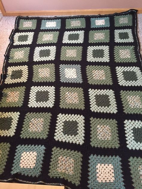 Large Granny Square Crochet Afghan Blanket Green Black 64” X 90” #Handmade #Traditional Granny Square Crochet Afghan, Large Granny Square, Bedsheets Designs, Crochet Bedsheets, Crochet Afghan Blanket, Green Blanket, Afghan Throw Blanket, Patchwork Blanket, Sleepy Time